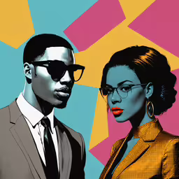 two people standing next to each other, one of them wearing sunglasses,a man and woman in dress clothing with colored background