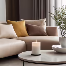 a lit candle on a table in front of a living room sofa