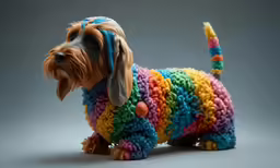 a small dog in a knitted coat