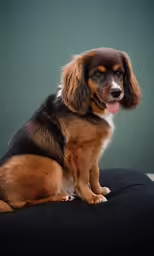 a dog sitting on a leather ottoman posing for a picture