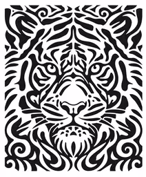 a black and white tiger with a long face,a black and white pattern with a tiger head