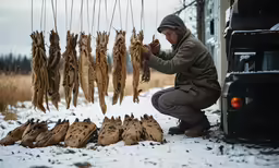 a man kneels in front of a truck preparing to roast dog meat