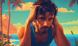 a man in a tank top sitting on the beach,a man holding his hair in the background of palm trees