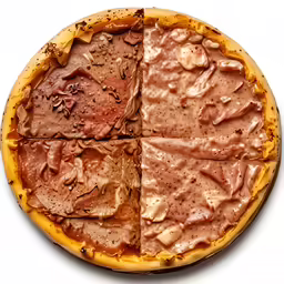 a four section pizza is shown, in different stages of decay