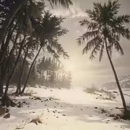 a snowy landscape with palm trees and the sun behind it