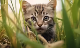 a kitten is shown in the grass with one eye open