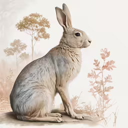 the rabbit sits by some plants in a painting
