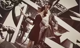 two people walking next to each other in front of an artistic wall