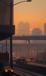 multiple vehicles on street in urban area during sunset