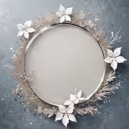 a decorative mirror and flowers on a blue table,a round mirror with white flowers on top