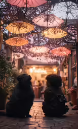 the two dogs are looking out on the street underneath the umbrellas
