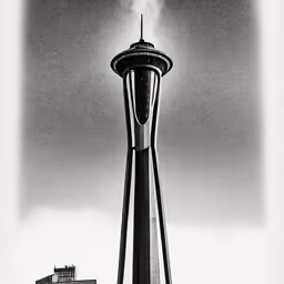 a black and white photo of the space needle