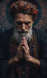 an old man with a long beard and a red wreath around his head