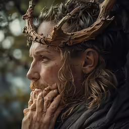 the man in the crown has long hair and a beard