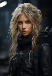 a woman wearing a black outfit and holding a gun,woman with backpack and black leather outfit on