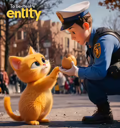 an image of a child petting a cat on the street