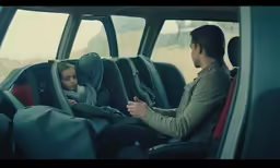 a man sits in the backseat of a car with his child