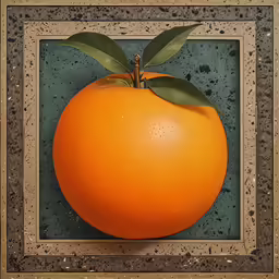 an orange with leaves is seen on this plate