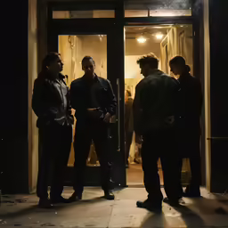 men standing outside a building at night talking