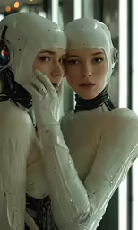 two women in white costume taking pictures in the mirror