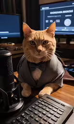 an orange cat in a gray shirt sits in front of a microphone, keyboard and computer monitor