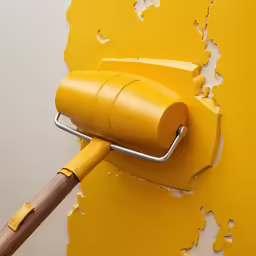 a paint roller with a yellow wallpaper and peeling
