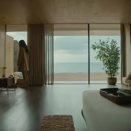 a woman looks out the window on the beach from the living room
