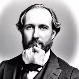 a bearded man in a suit with his chin resting on the finger
