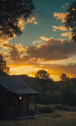 a gazebo in a field with a forest around it