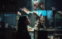 woman sitting at table staring up and at butterfly exhibit