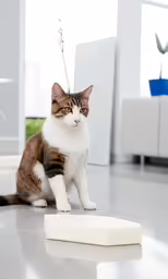 a brown and white cat sitting next to a white object