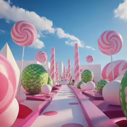 the animated rendering shows a pink - and - white street lined with candy canes