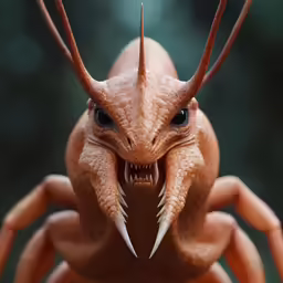 an alien like creature with horns and teeth