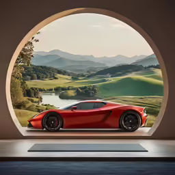 a car is displayed in a room with circular windows