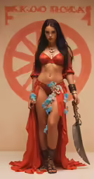 an artistic female is depicted in a bikini and is holding a sword