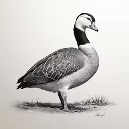 a large duck standing on top of a dry grass covered field