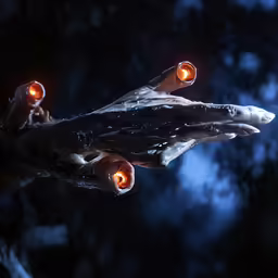 a futuristic space ship flying through space with red glowing eyes