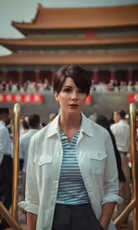 an asian woman with her hair styled up and wearing a striped shirt