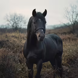 a black horse that is standing in the dirt