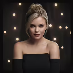 a woman wearing black is looking to the side with lights in the background