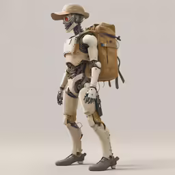 an artificial soldier with a backpack is shown