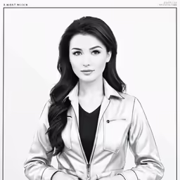 a black and white photo of a woman in a leather jacket