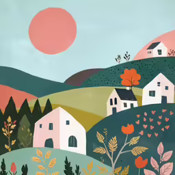 the mural features several houses on a hillside