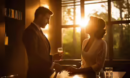 a man and a woman standing by a bar