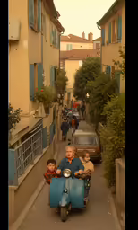 a man and two boys riding on a blue three wheeled scooter