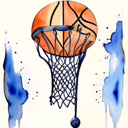 a drawing of a basketball falling into a net,a basketball going through a net with blue paint on it