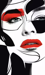 a woman with bright red makeup, her face painted white and black