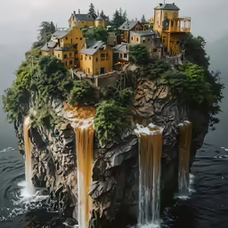 a small island surrounded by mountains that has waterfalls running down them
