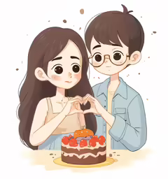 a cartoon boy and girl holding their hands up near a cake