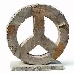 a stone base and metal peace sign on display